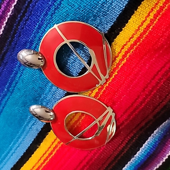 Vintage 80s red geometric earrings - Picture 2 of 3